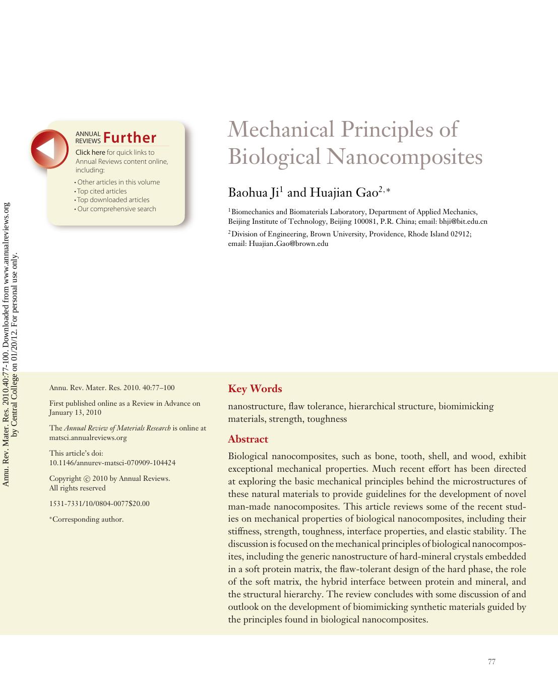 Mechanical Principles of Biological Nanocomposites by Baohua Ji1 & Huajian Gao2 *