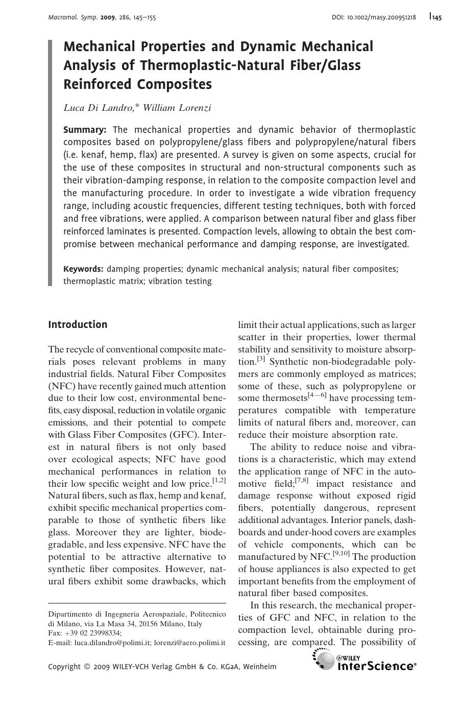 Mechanical Properties and Dynamic Mechanical Analysis of Thermoplastic-Natural FiberGlass Reinforced Composites by Unknown