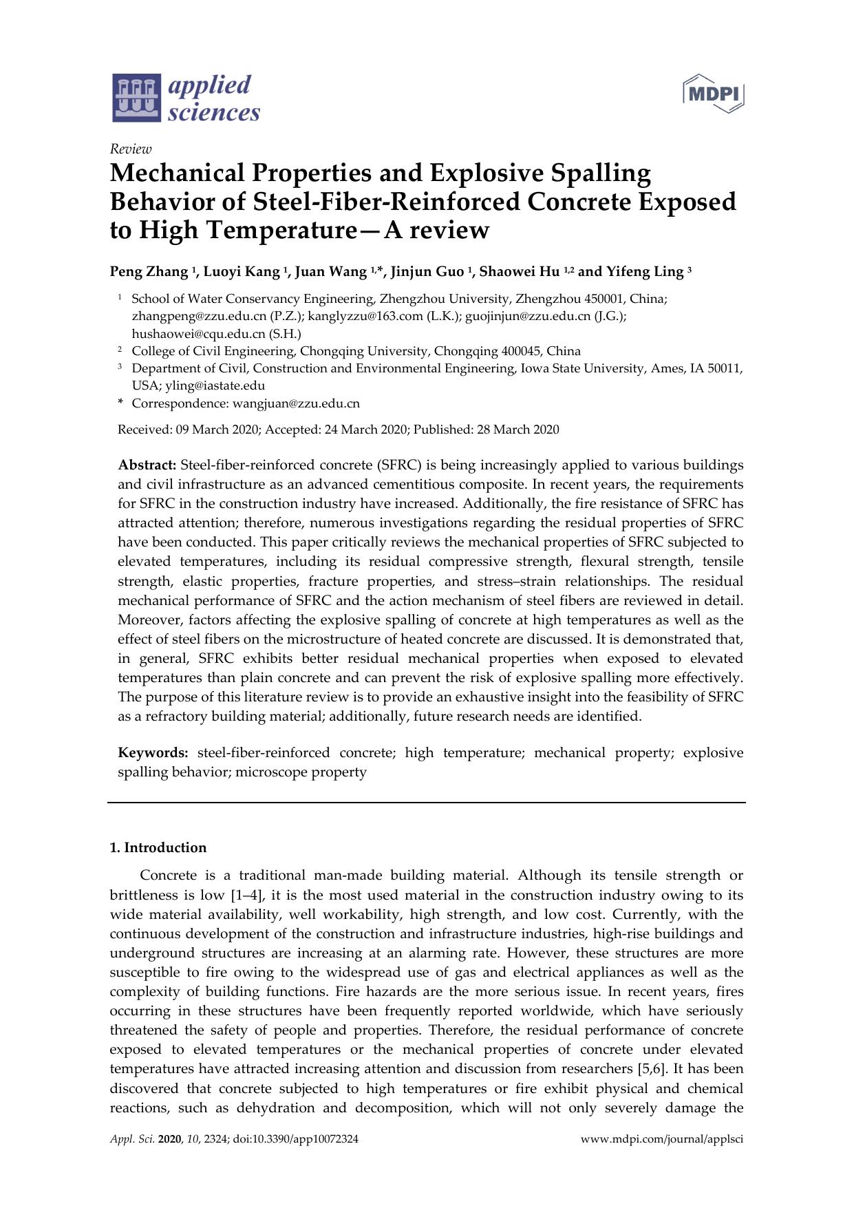 Mechanical Properties and Explosive Spalling Behavior of Steel-Fiber-Reinforced Concrete Exposed to High TemperatureâA review by Peng Zhang