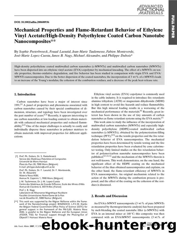 Mechanical Properties and Flame-Retardant Behavior of Ethylene Vinyl AcetateHigh-Density Polyethylene Coated Carbon Nanotube Nanocomposites by Unknown