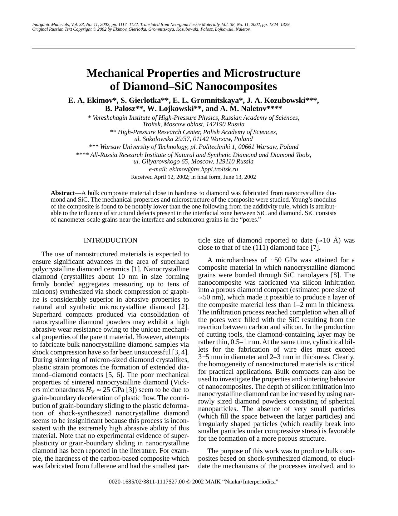 Mechanical Properties and Microstructure of Diamond–SiC Nanocomposites by Unknown