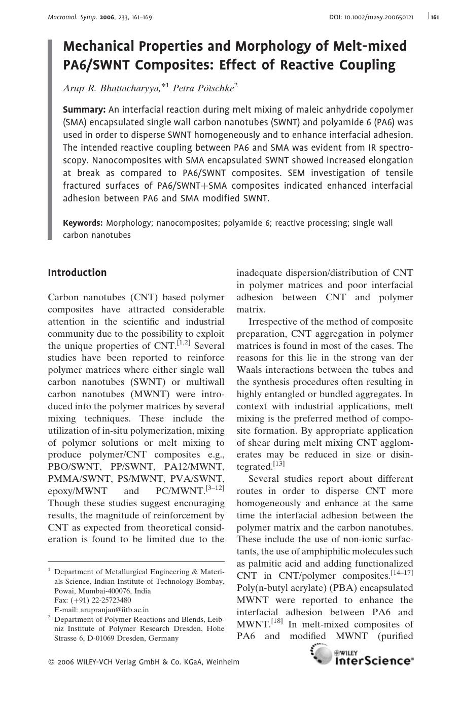 Mechanical Properties and Morphology of Melt-mixed PA6SWNT Composites: Effect of Reactive Coupling by Unknown