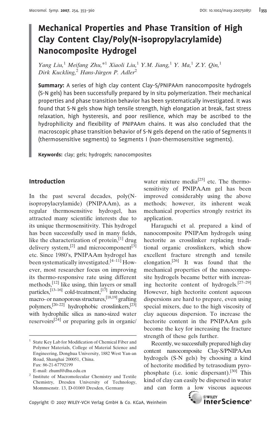 Mechanical Properties and Phase Transition of High Clay Content ClayPoly(N-isopropylacrylamide) Nanocomposite Hydrogel by Unknown