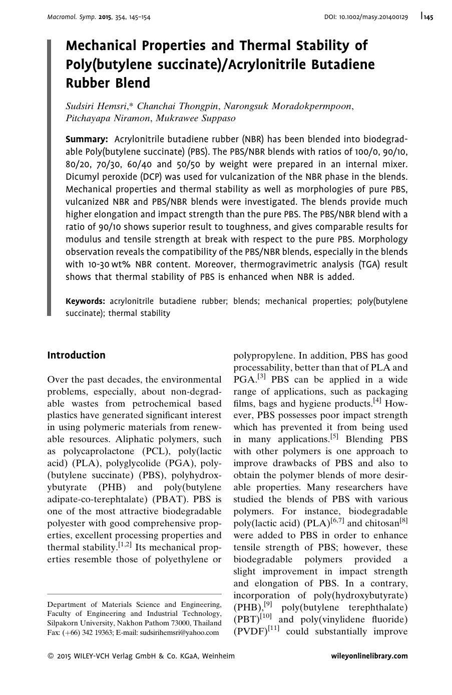 Mechanical Properties and Thermal Stability of Poly(butylene succinate)Acrylonitrile Butadiene Rubber Blend by Unknown