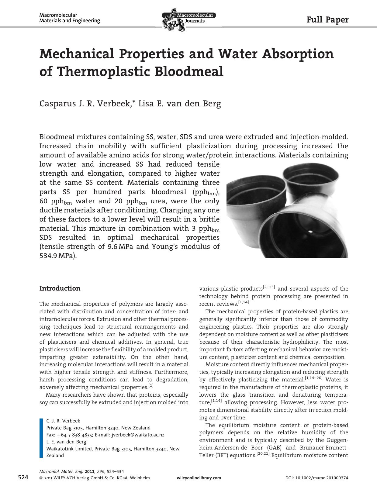 Mechanical Properties and Water Absorption of Thermoplastic Bloodmeal by Unknown
