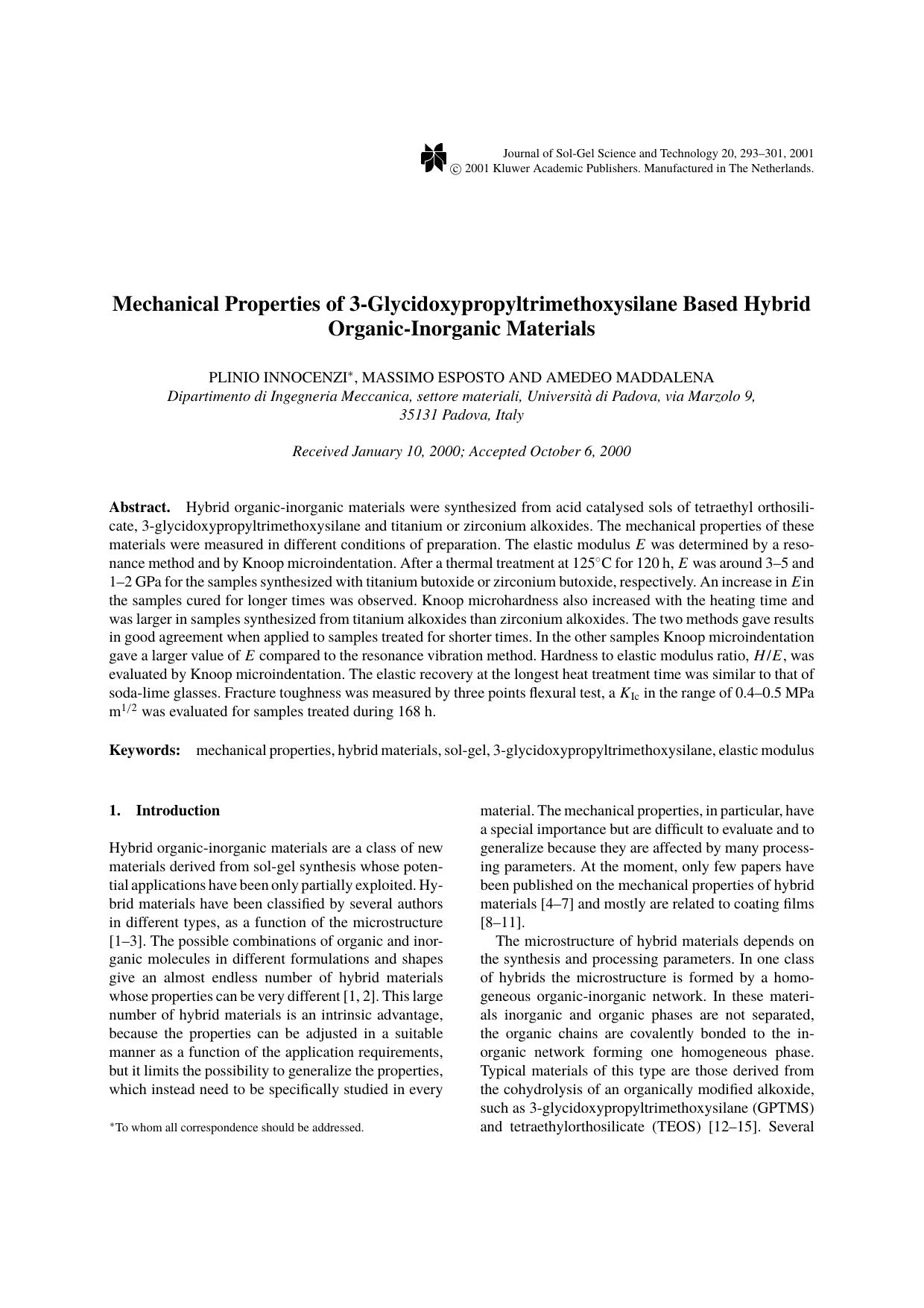 Mechanical Properties of 3-Glycidoxypropyltrimethoxysilane Based Hybrid Organic-Inorganic Materials by Unknown