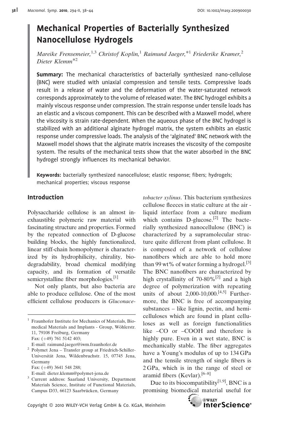 Mechanical Properties of Bacterially Synthesized Nanocellulose Hydrogels by Unknown