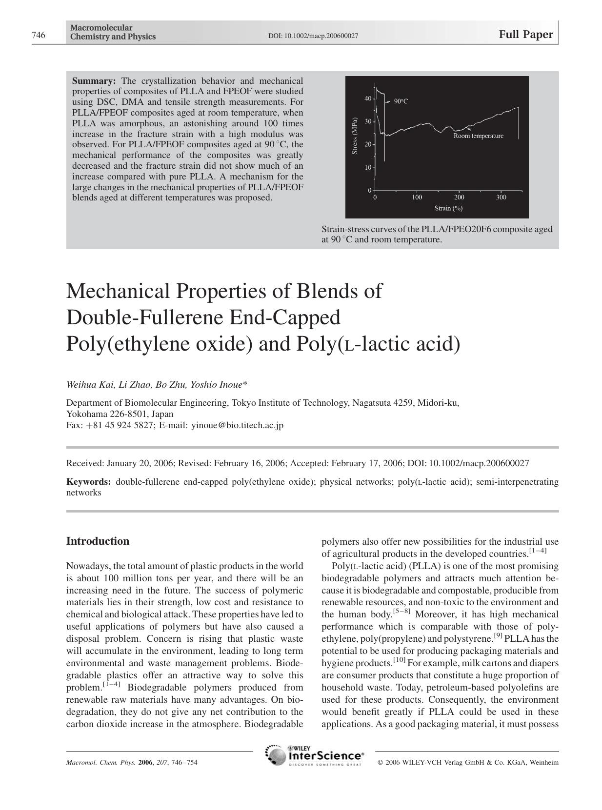 Mechanical Properties of Blends of Double-Fullerene End-Capped Poly(ethylene oxide) and Poly(L-lactic acid) by Unknown