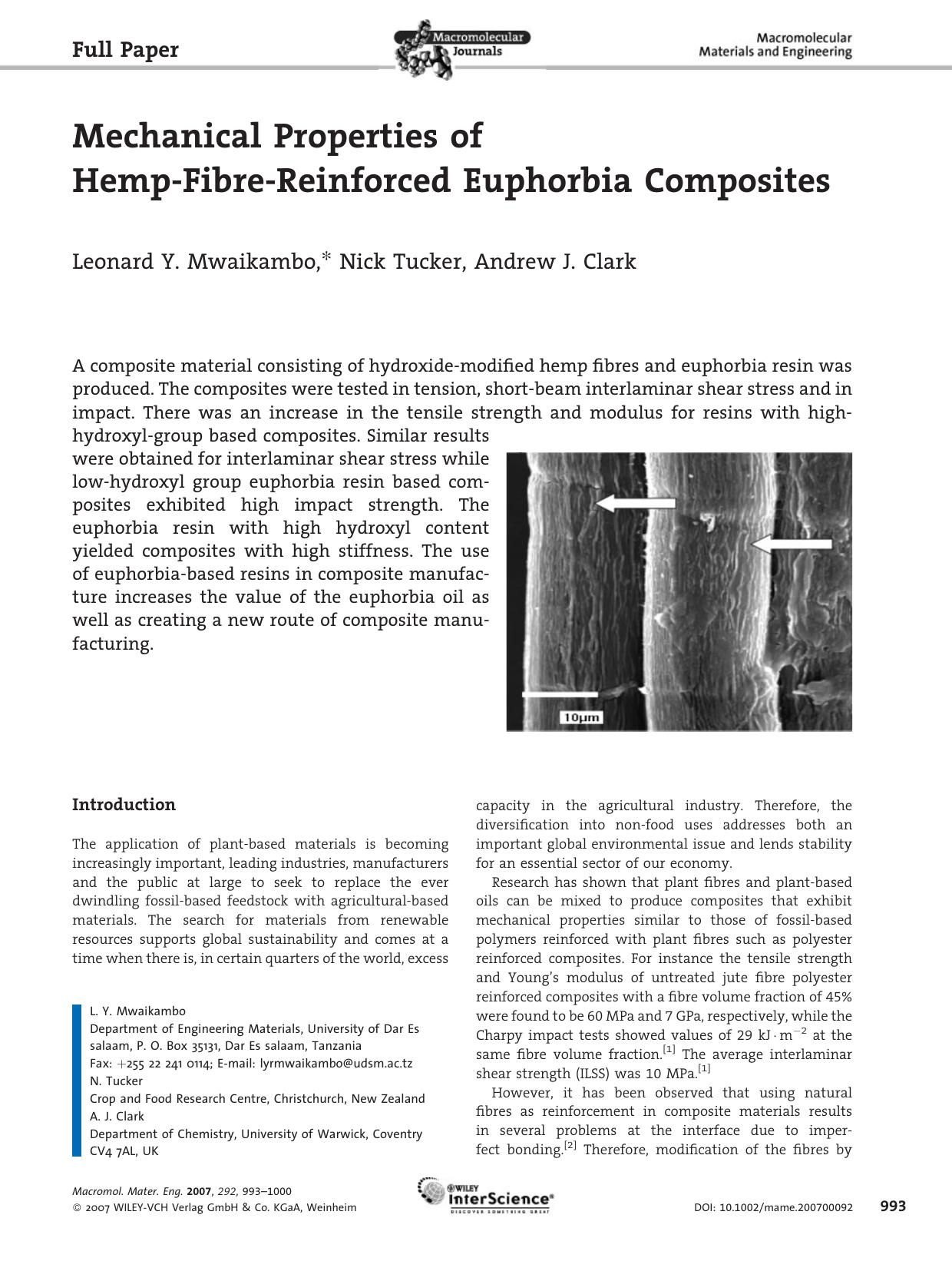 Mechanical Properties of Hemp-Fibre-Reinforced Euphorbia Composites by Unknown