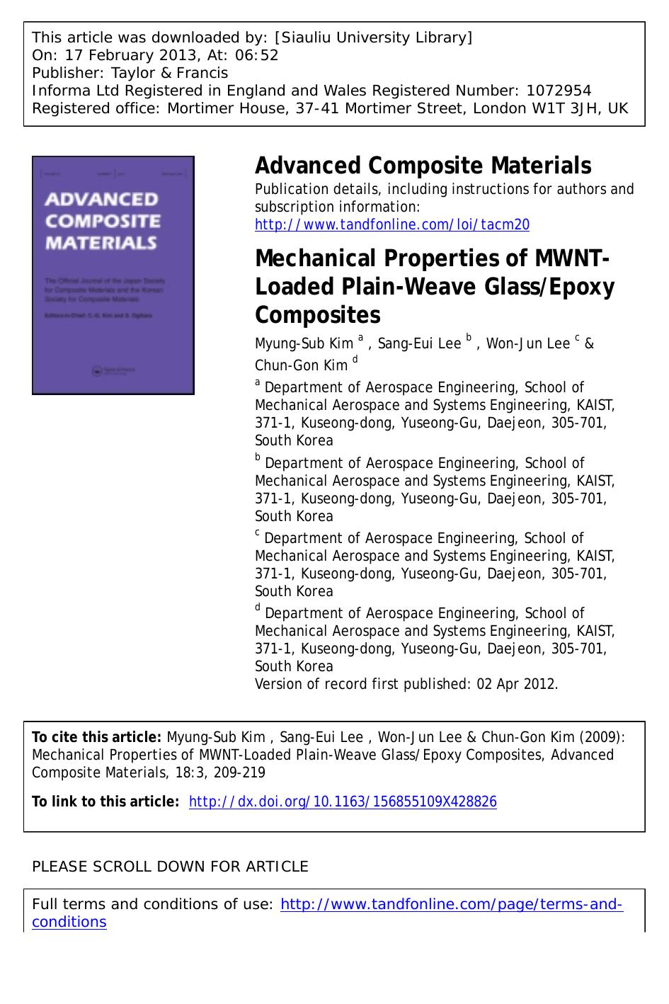 Mechanical Properties of MWNT-Loaded Plain-Weave GlassEpoxy Composites by Myung-Sub Kim Sang-Eui Lee Won-Jun Lee & Chun-Gon Kim