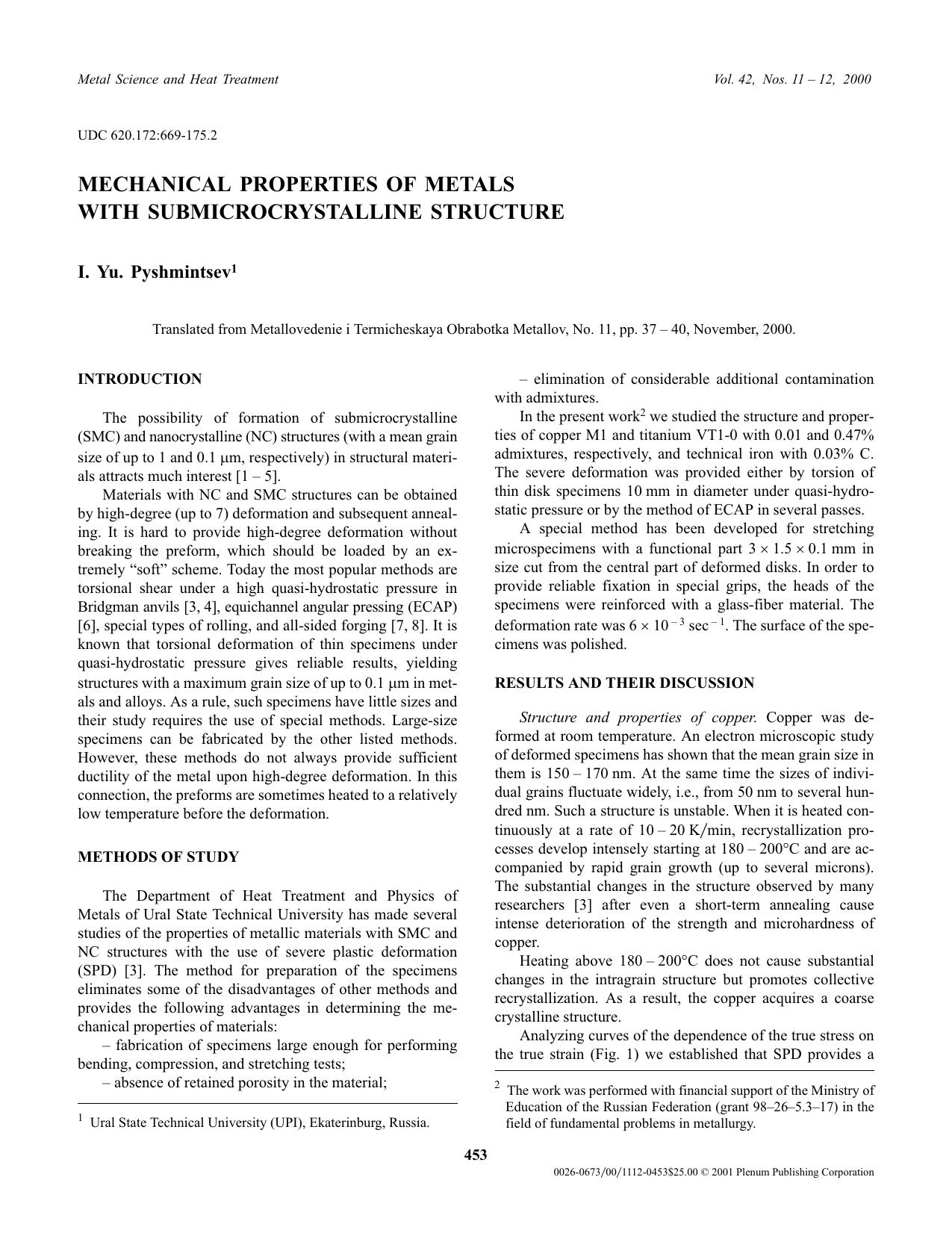 Mechanical Properties of Metals with Submicrocrystalline Structure by Unknown