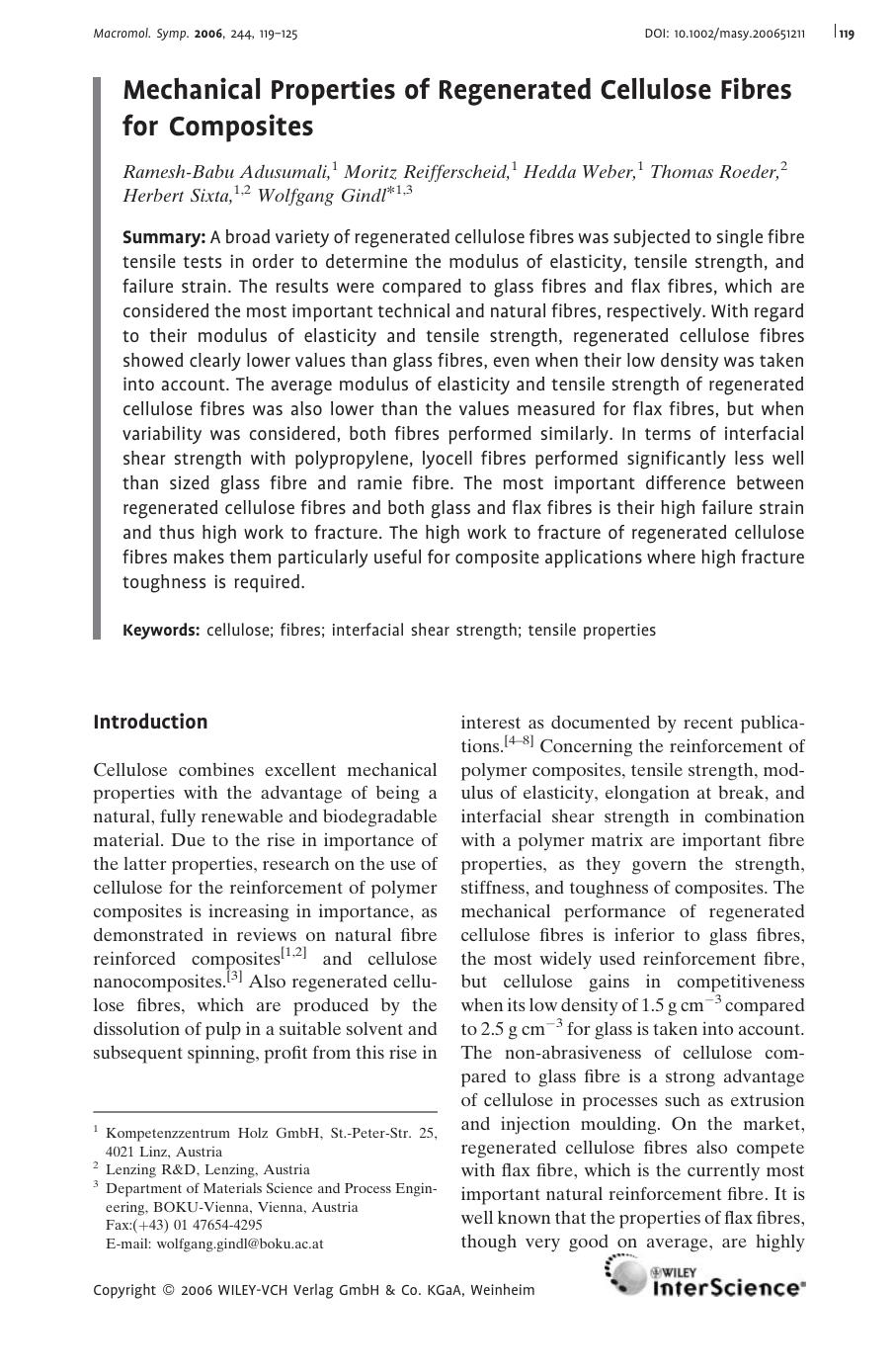 Mechanical Properties of Regenerated Cellulose Fibres for Composites by Unknown