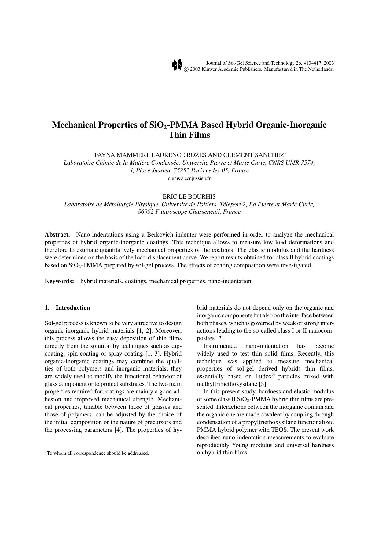 Mechanical Properties of SiO<Subscript>2<Subscript>-PMMA Based Hybrid Organic-Inorganic Thin Films by Unknown