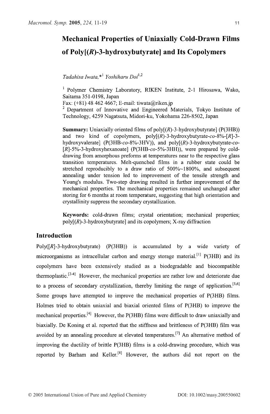 Mechanical Properties of Uniaxially Cold-Drawn Films of Poly[(R)-3-hydroxybutyrate] and Its Copolymers by Unknown