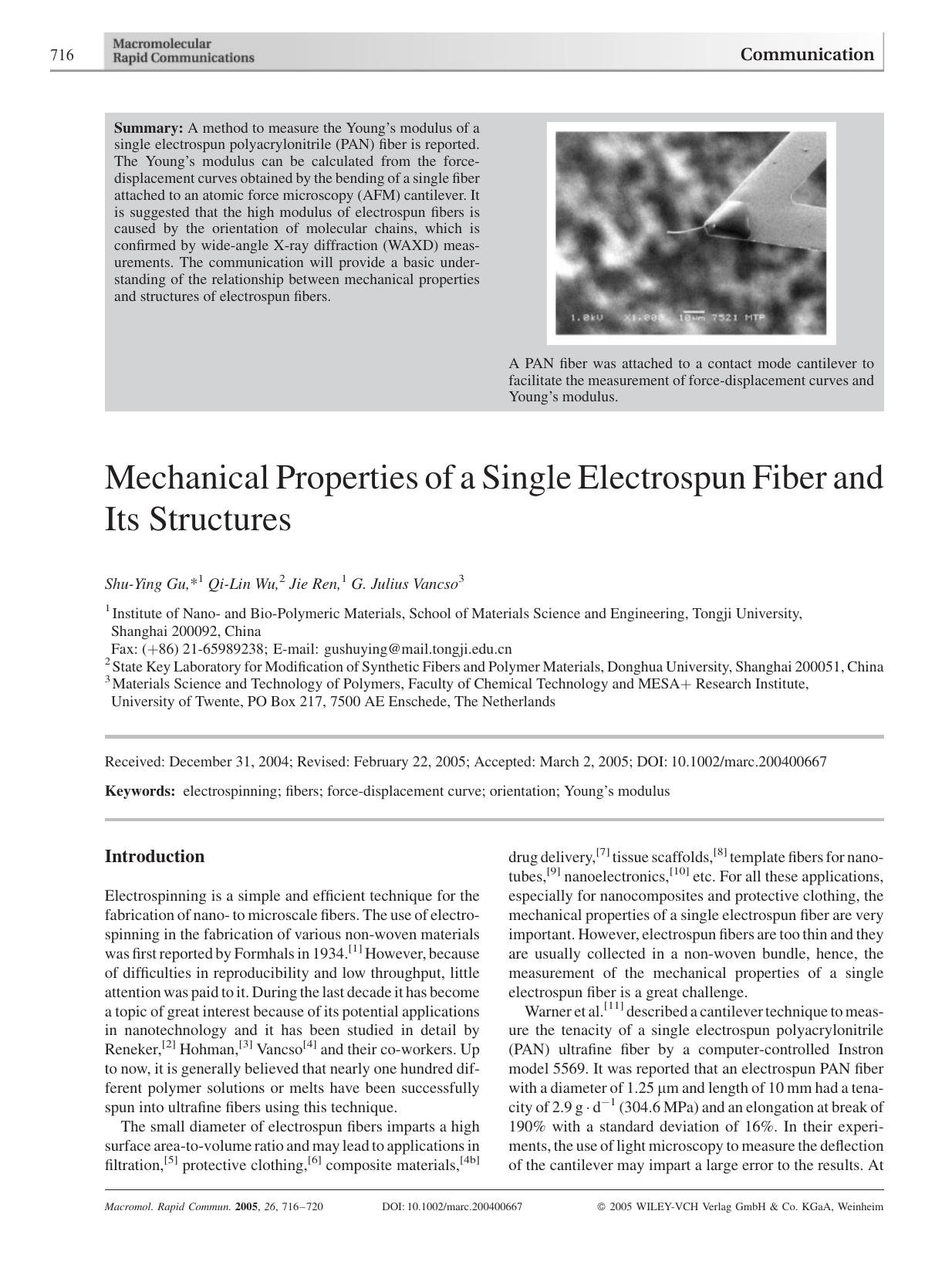 Mechanical Properties of a Single Electrospun Fiber and Its Structures by Unknown