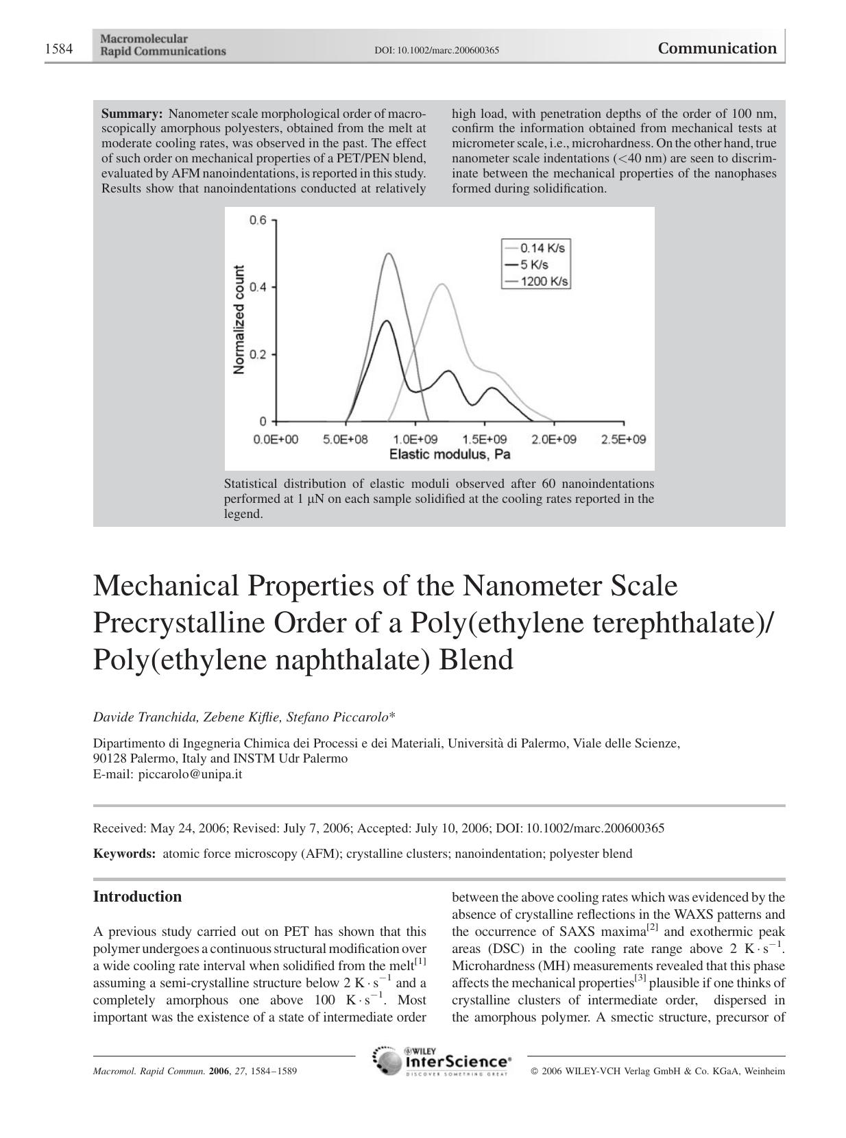 Mechanical Properties of the Nanometer Scale Precrystalline Order of a Poly(ethylene terephthalate)Poly(ethylene naphthalate) Blend by Unknown