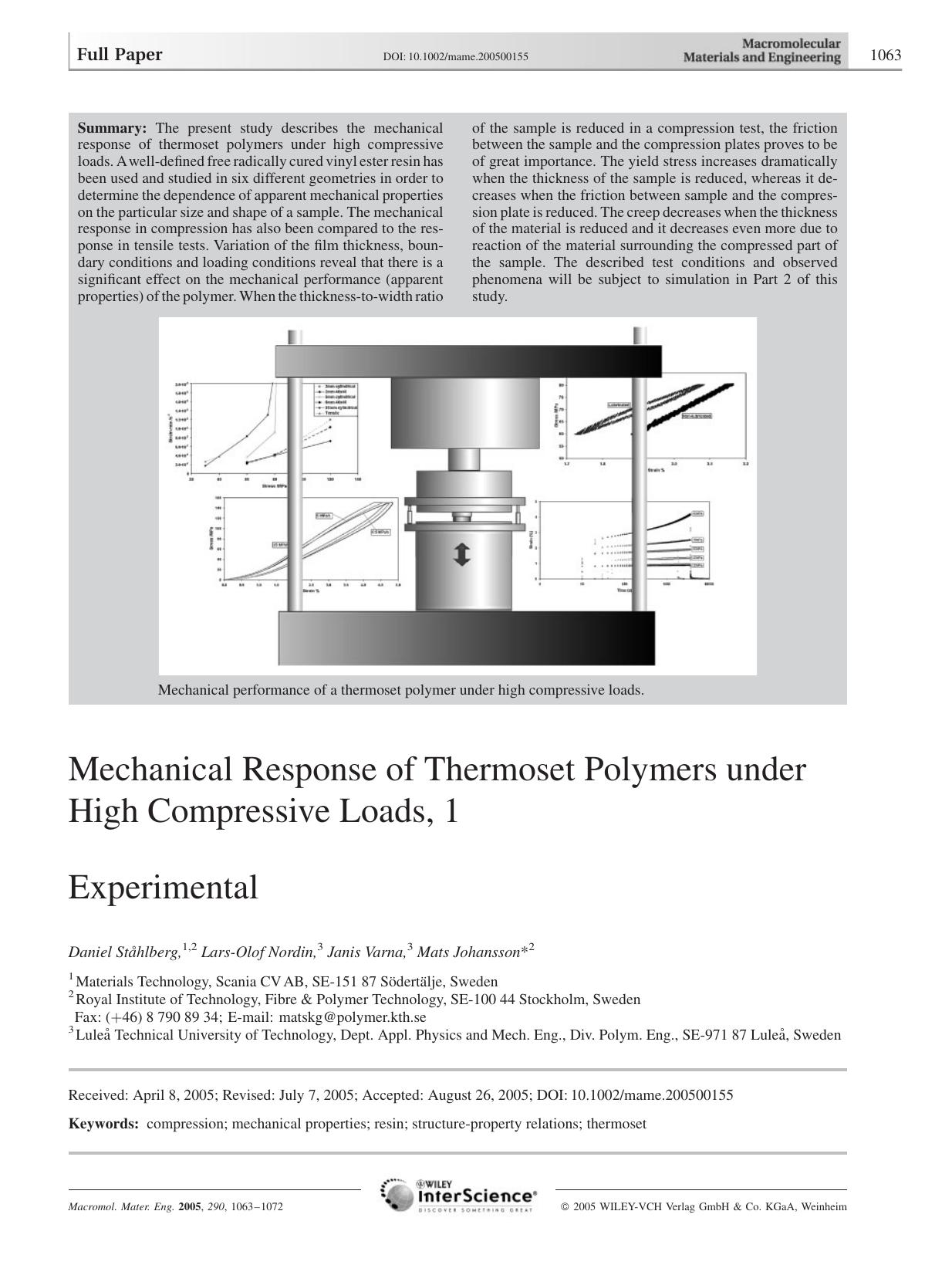 Mechanical Response of Thermoset Polymers under High Compressive Loads, 1 by Unknown
