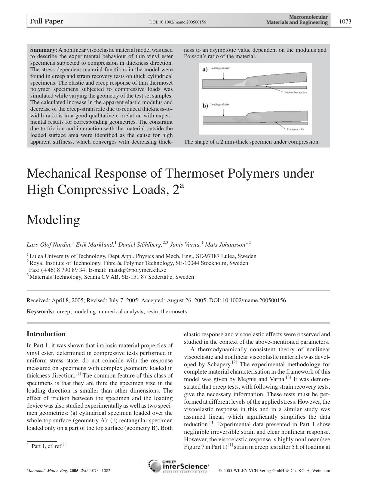 Mechanical Response of Thermoset Polymers under High Compressive Loads, 2 by Unknown