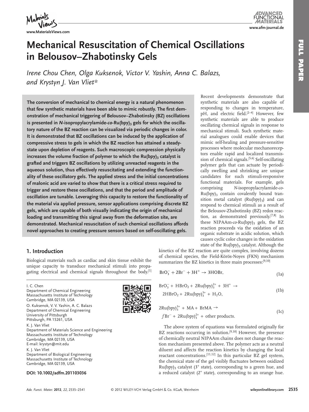 Mechanical Resuscitation of Chemical Oscillations in BelousovZhabotinsky Gels by vng