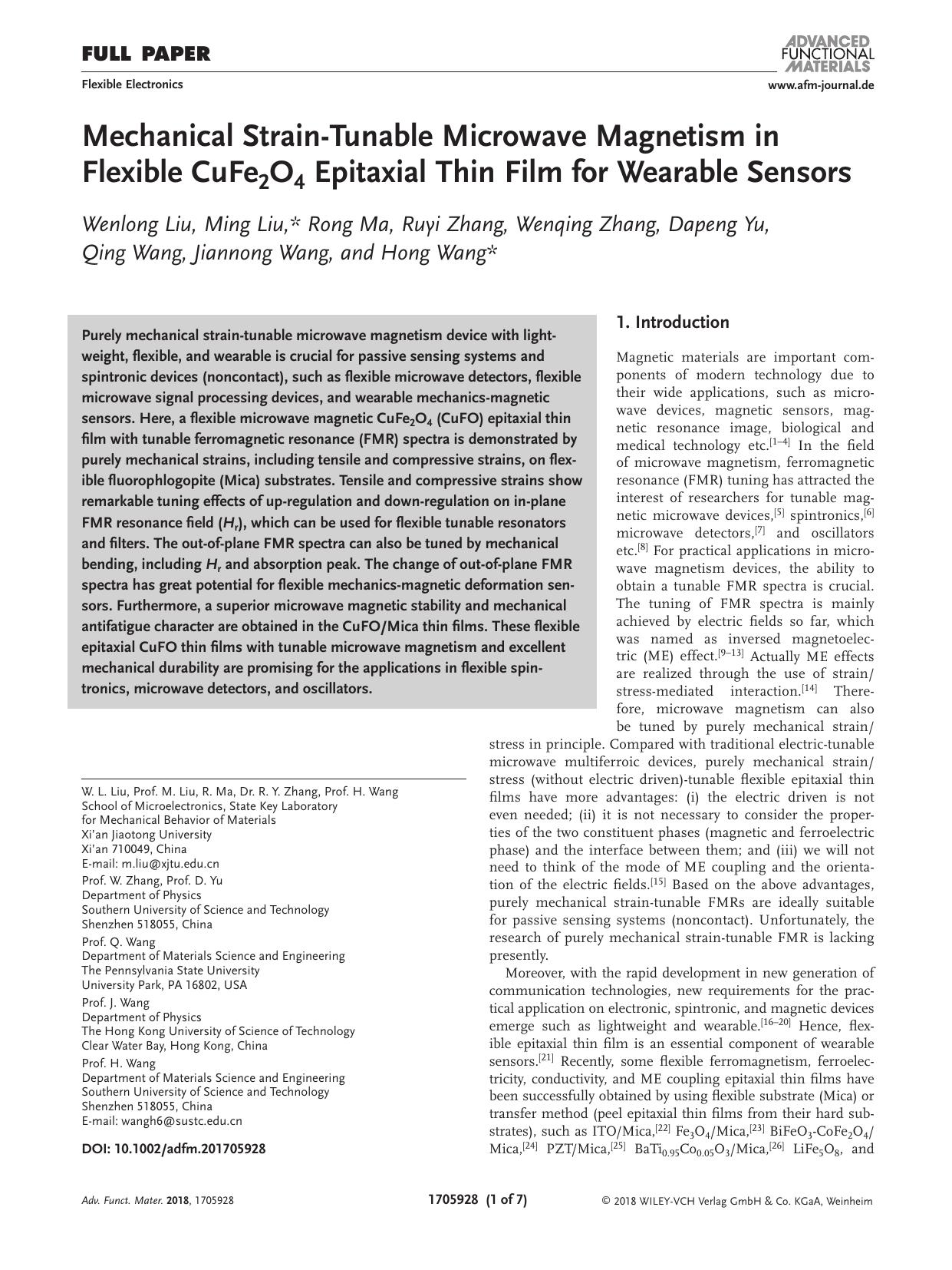 Mechanical Strain‐Tunable Microwave Magnetism in Flexible CuFe2O4 Epitaxial Thin Film for Wearable Sensors by Unknown