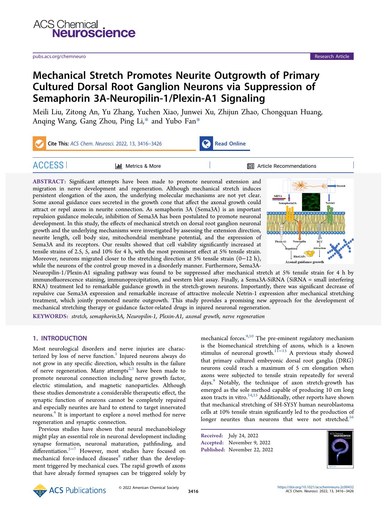 Mechanical Stretch Promotes Neurite Outgrowth of Primary Cultured Dorsal Root Ganglion Neurons via Suppression of Semaphorin 3A-Neuropilin-1Plexin-A1 Signaling by unknow