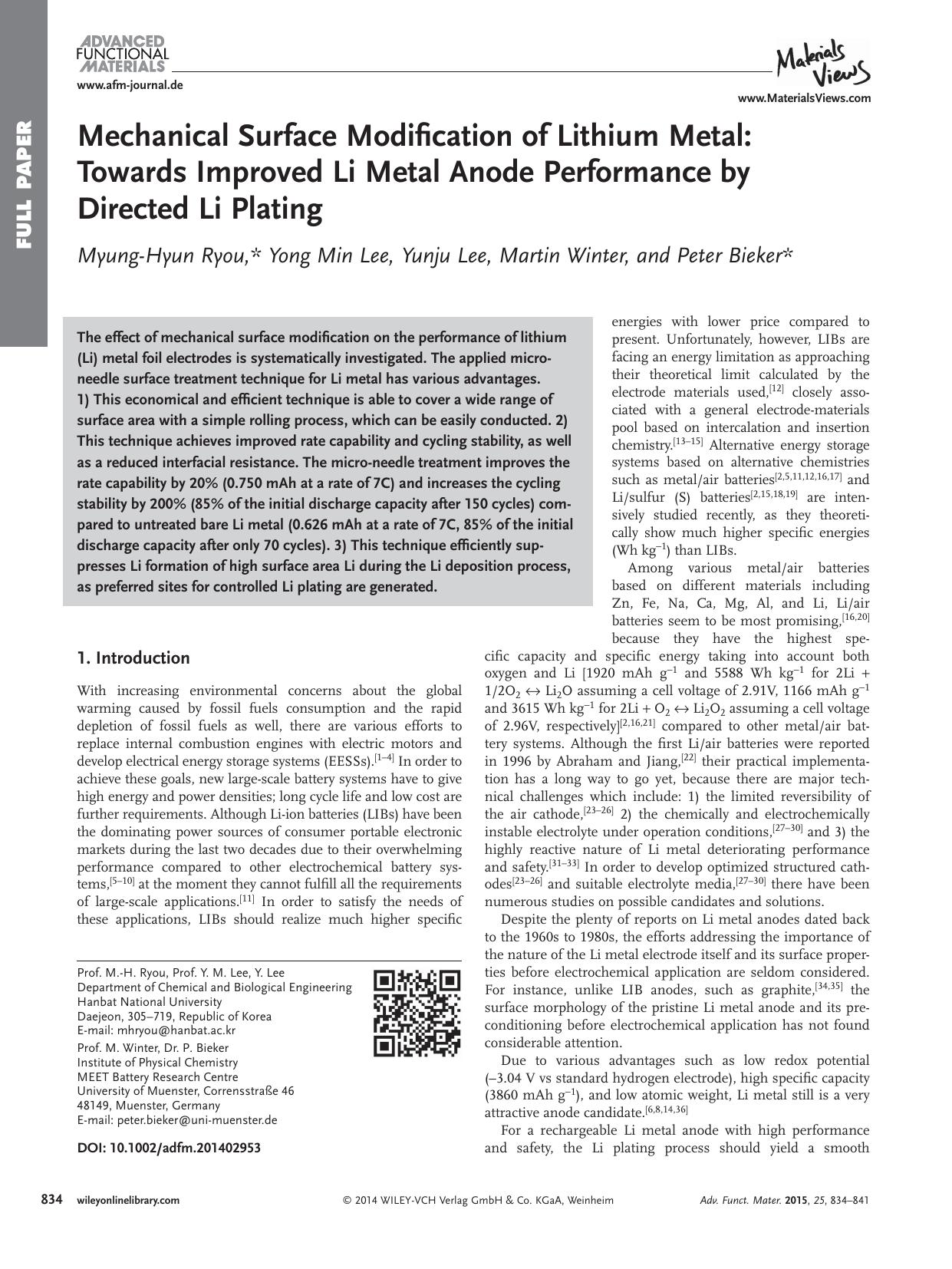 Mechanical Surface Modification of Lithium Metal: Towards Improved Li Metal Anode Performance by Directed Li Plating by Unknown