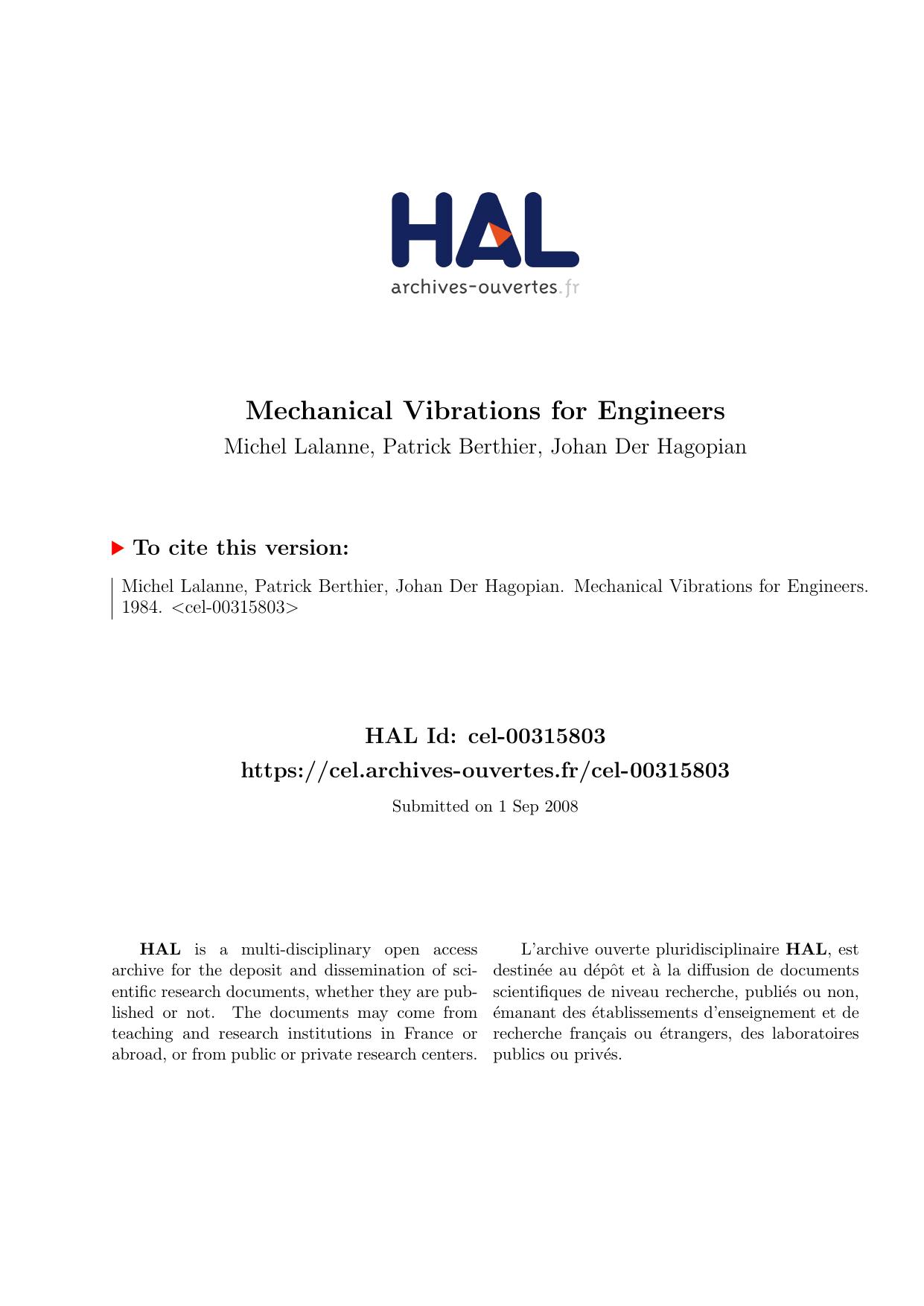 Mechanical Vibrations for Engineers by Michel Lalanne