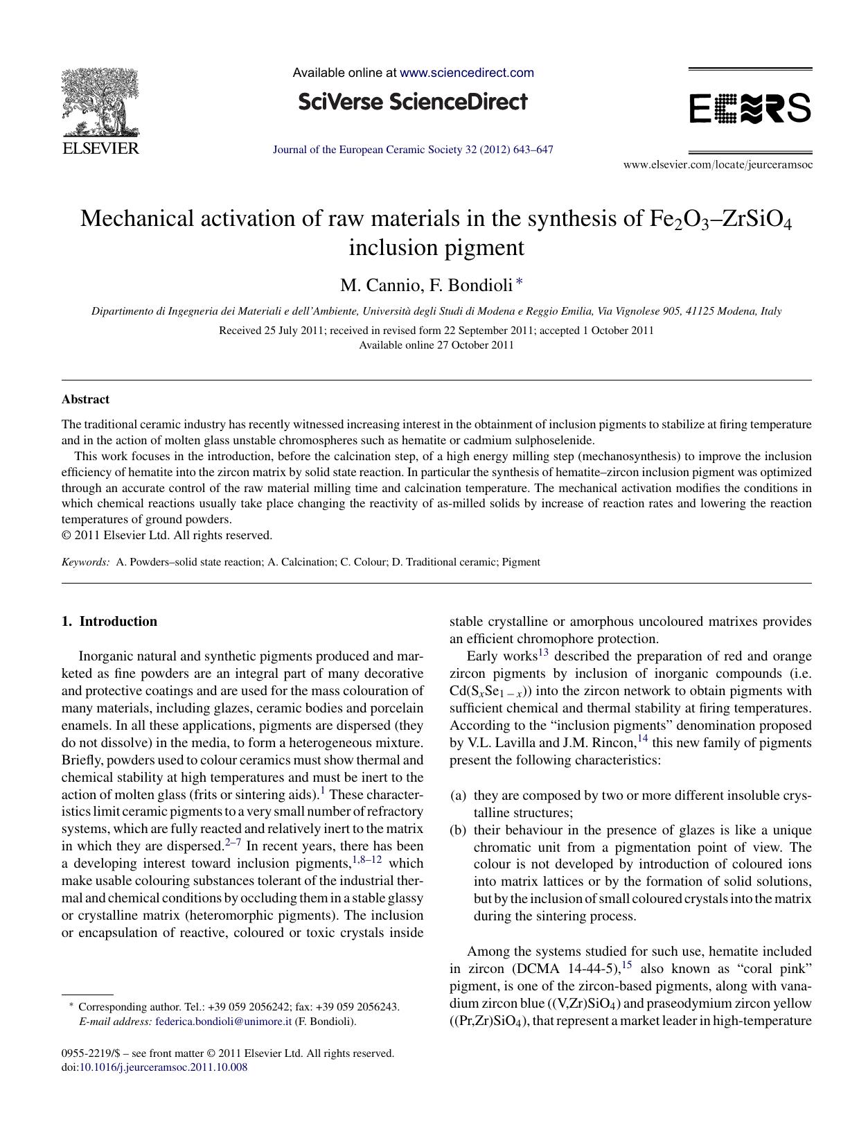 Mechanical activation of raw materials in the synthesis of Fe2O3Ã¢â¬âZrSiO4 inclusion pigment by M. Cannio