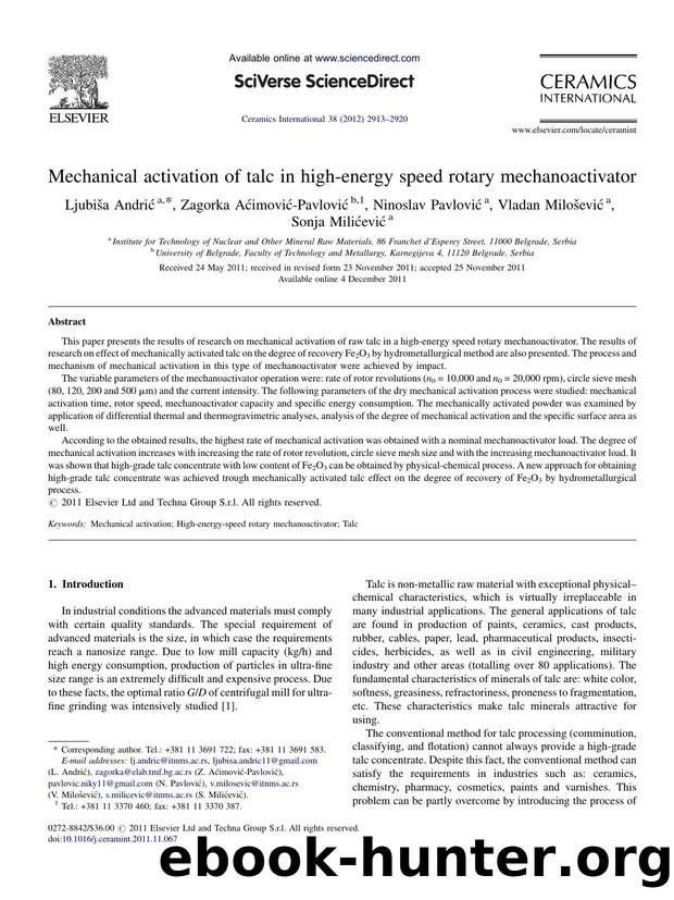 Mechanical activation of talc in high-energy speed rotary mechanoactivator by Ljubiša Andrić