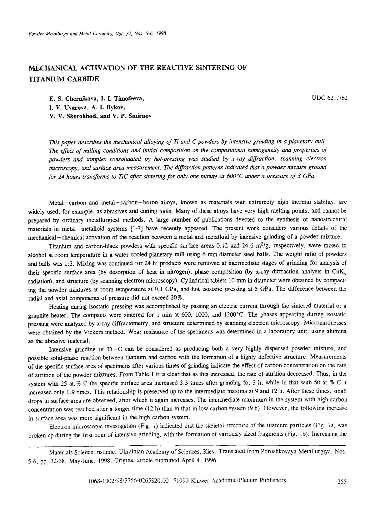 Mechanical activation of the reactive sintering of titanium carbide by Unknown
