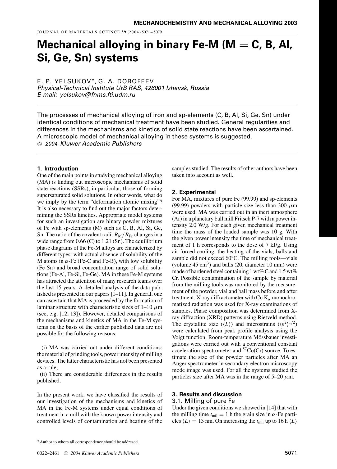 Mechanical alloying in binary Fe-M (M = C, B, Al, Si, Ge, Sn) systems by Unknown
