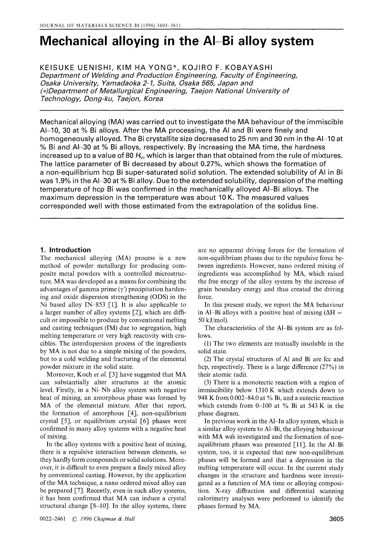 Mechanical alloying in the Al-Bi alloy system by Unknown