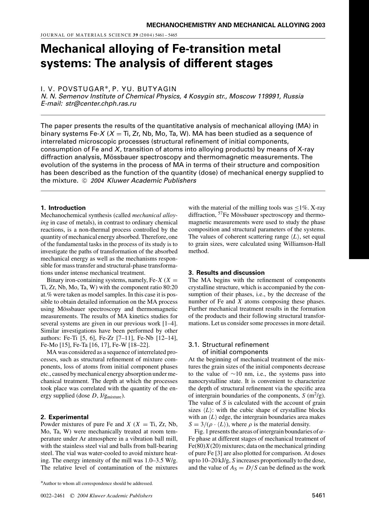 Mechanical alloying of Fe-transition metal systems: The analysis of different stages by Unknown