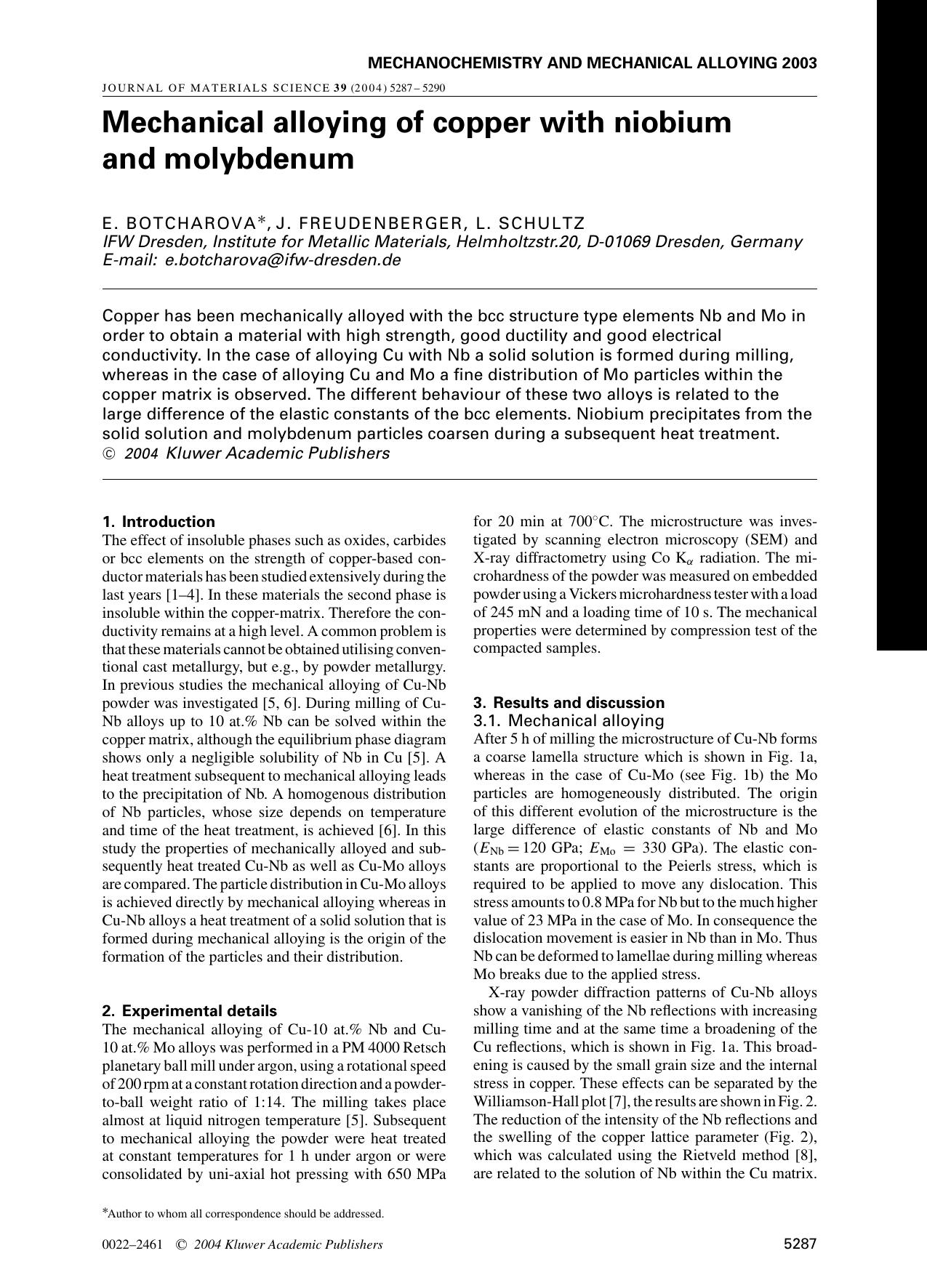 Mechanical alloying of copper with niobium and molybdenum by Unknown