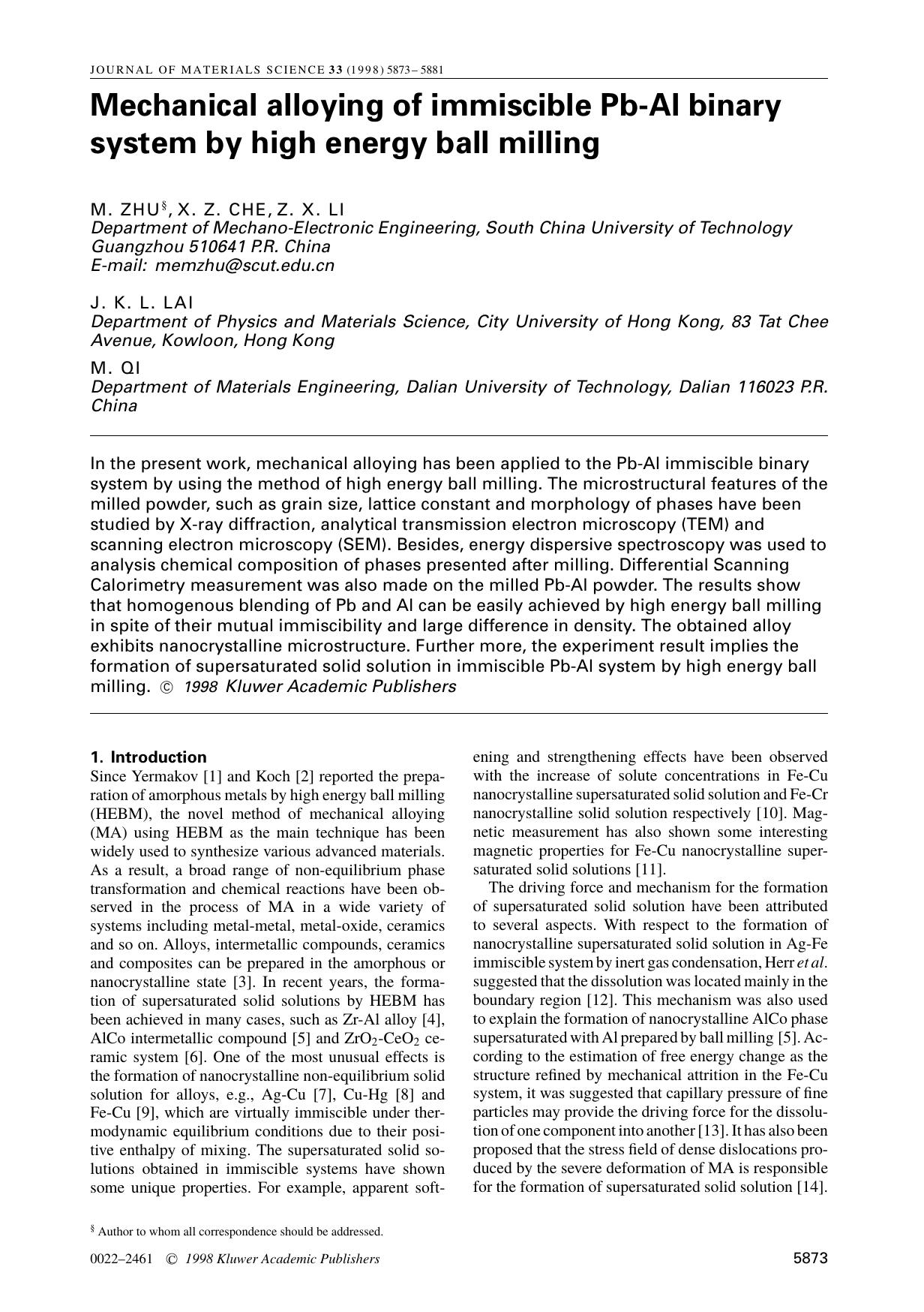 Mechanical alloying of immiscible Pb-Al binary system by high energy ball milling by Unknown