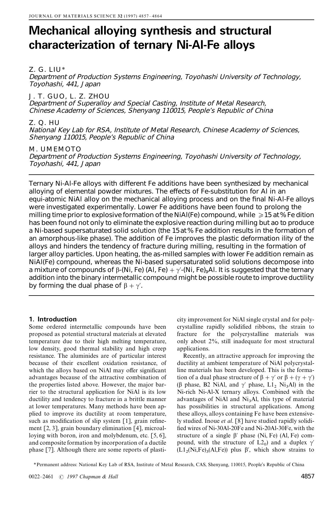 Mechanical alloying synthesis and structural characterization of ternary Ni-Al-Fe alloys by Unknown