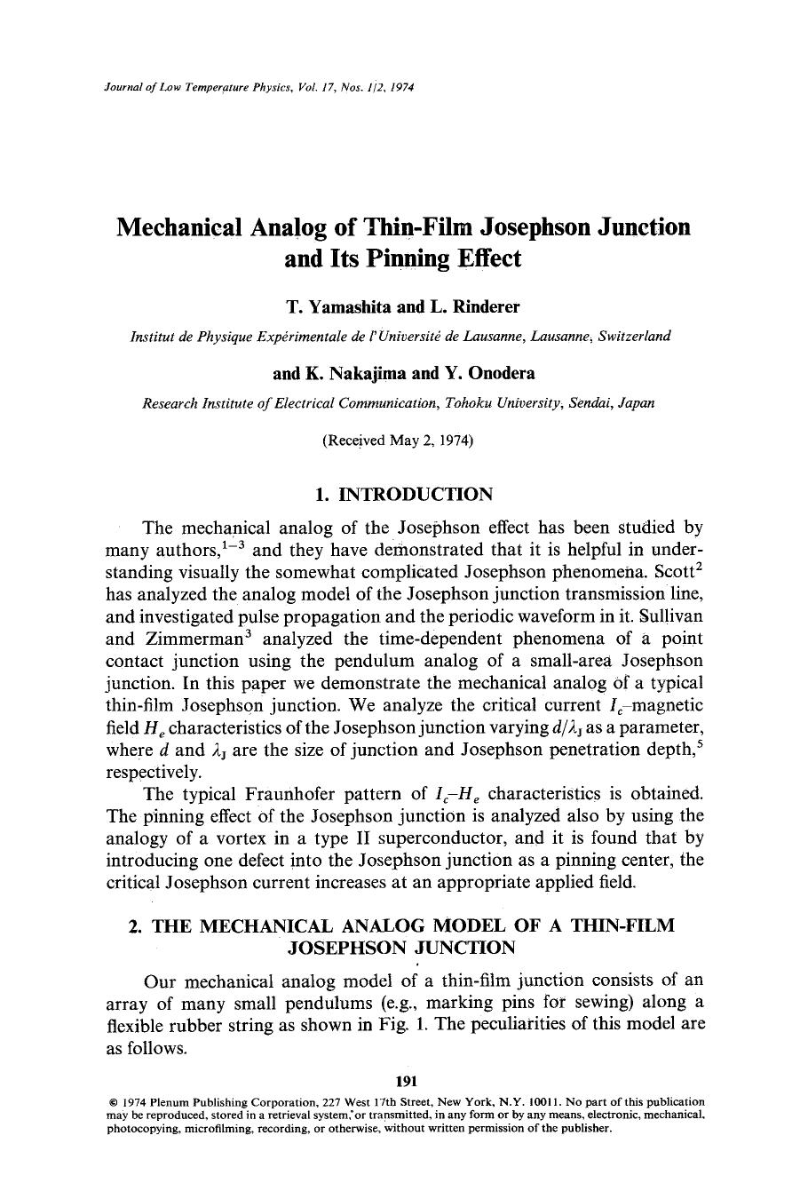 Mechanical analog of thin-film Josephson junction and its pinning effect by Unknown