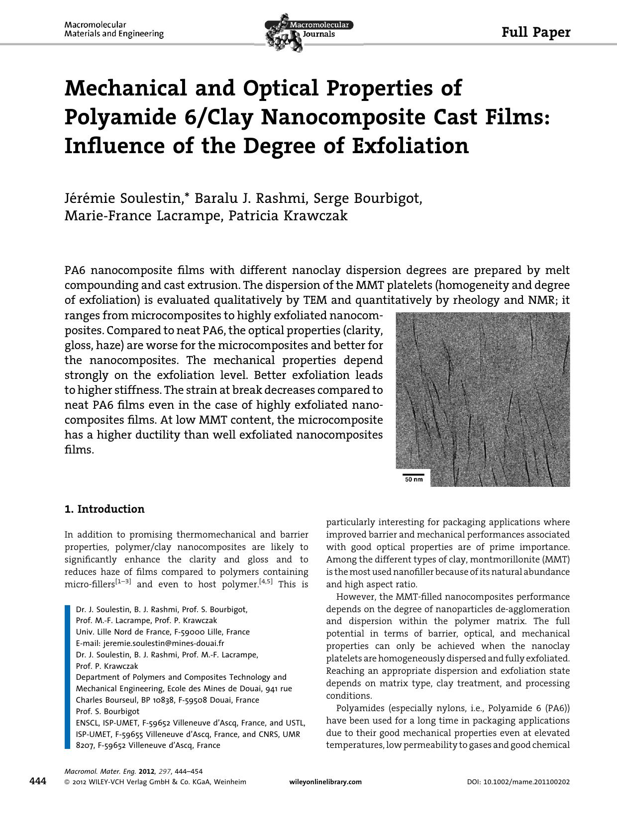 Mechanical and Optical Properties of Polyamide 6Clay Nanocomposite Cast Films: Influence of the Degree of Exfoliation by Unknown