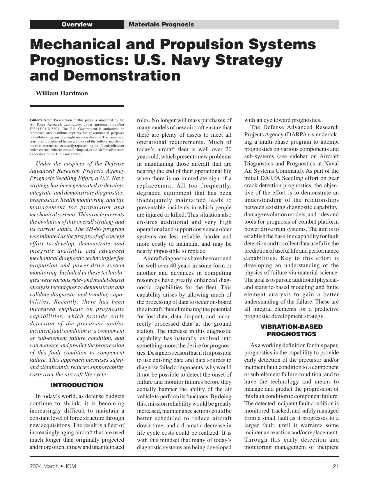 Mechanical and Propulsion Systems Prognostics: U.S. Navy Strategy and Demonstration by William Hardman