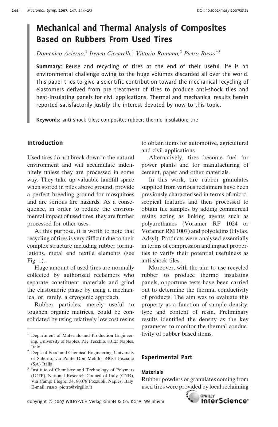 Mechanical and Thermal Analysis of Composites Based on Rubbers From Used Tires by Unknown