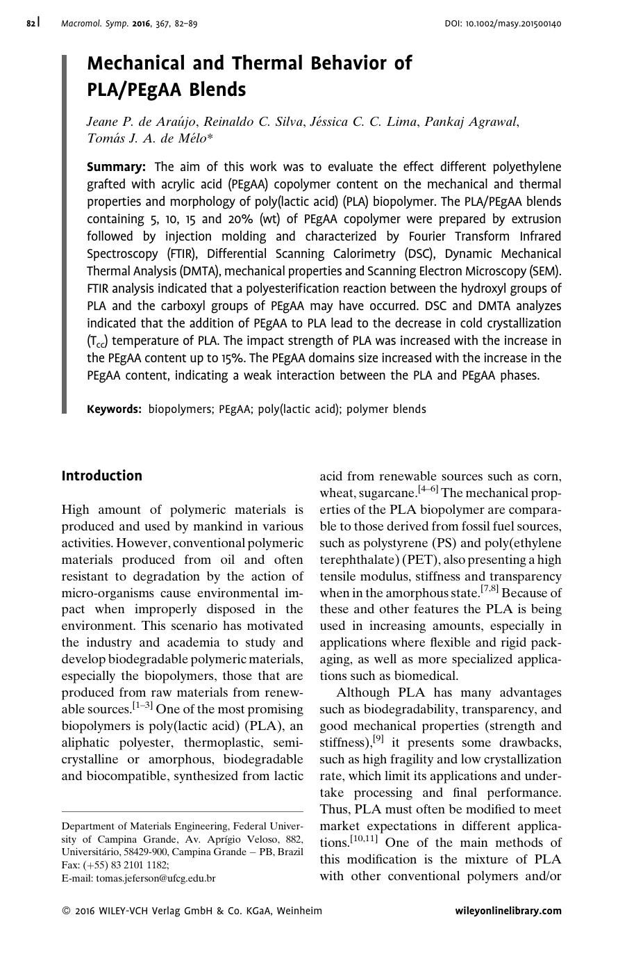 Mechanical and Thermal Behavior of PLAPEgAA Blends by Unknown