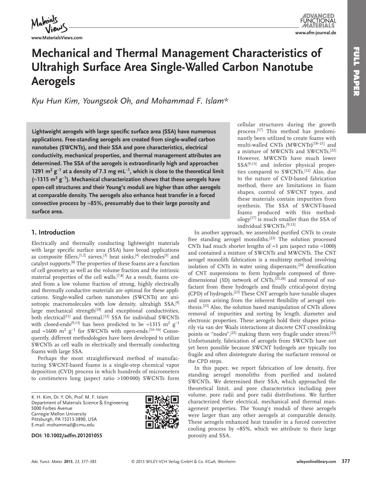 Mechanical and Thermal Management Characteristics of Ultrahigh Surface Area SingleWalled Carbon Nanotube Aerogels by vng