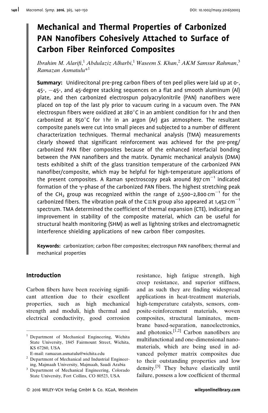 Mechanical and Thermal Properties of Carbonized PAN Nanofibers Cohesively Attached to Surface of Carbon Fiber Reinforced Composites by Unknown