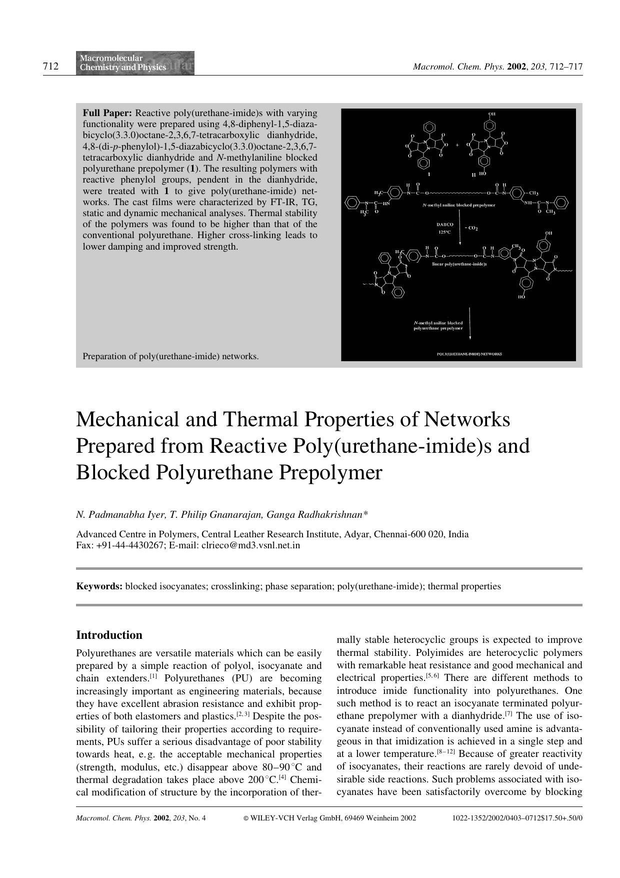 Mechanical and Thermal Properties of Networks Prepared from Reactive Poly(urethane-imide)s and Blocked Polyurethane Prepolymer by Unknown