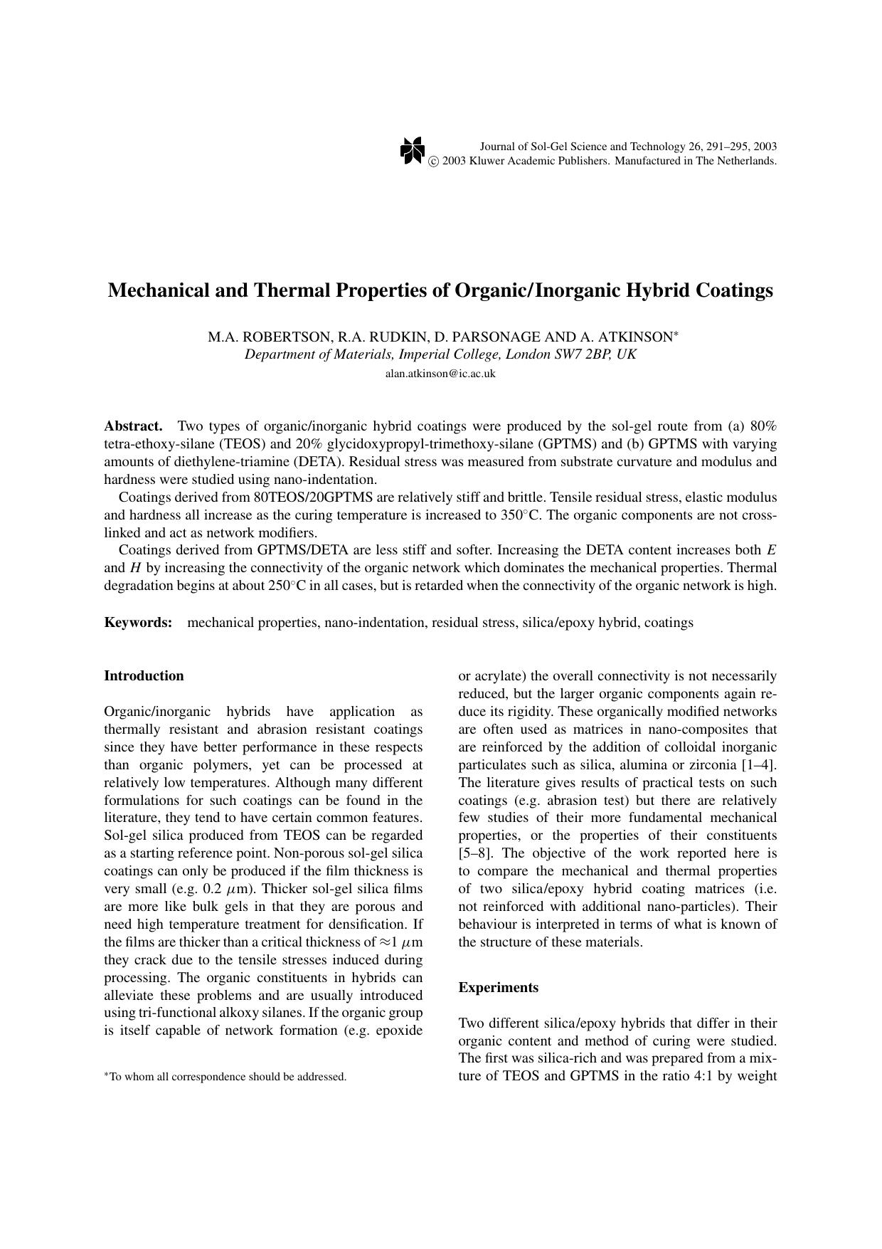 Mechanical and Thermal Properties of OrganicInorganic Hybrid Coatings by Unknown