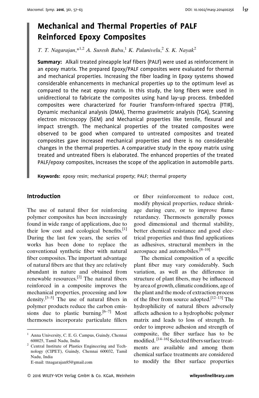 Mechanical and Thermal Properties of PALF Reinforced Epoxy Composites by Unknown