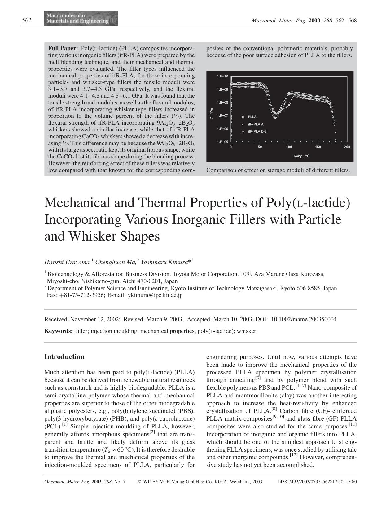 Mechanical and Thermal Properties of Poly(L-lactide) Incorporating Various Inorganic Fillers with Particle and Whisker Shapes by Unknown