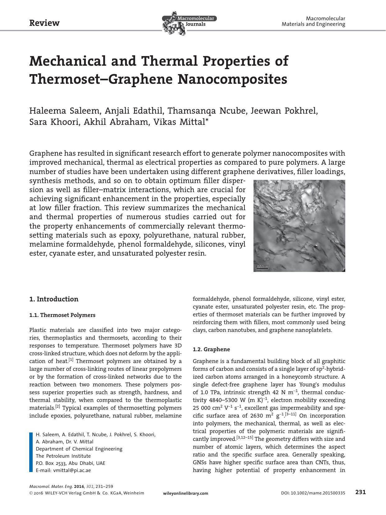 Mechanical and Thermal Properties of Thermoset–Graphene Nanocomposites by Unknown