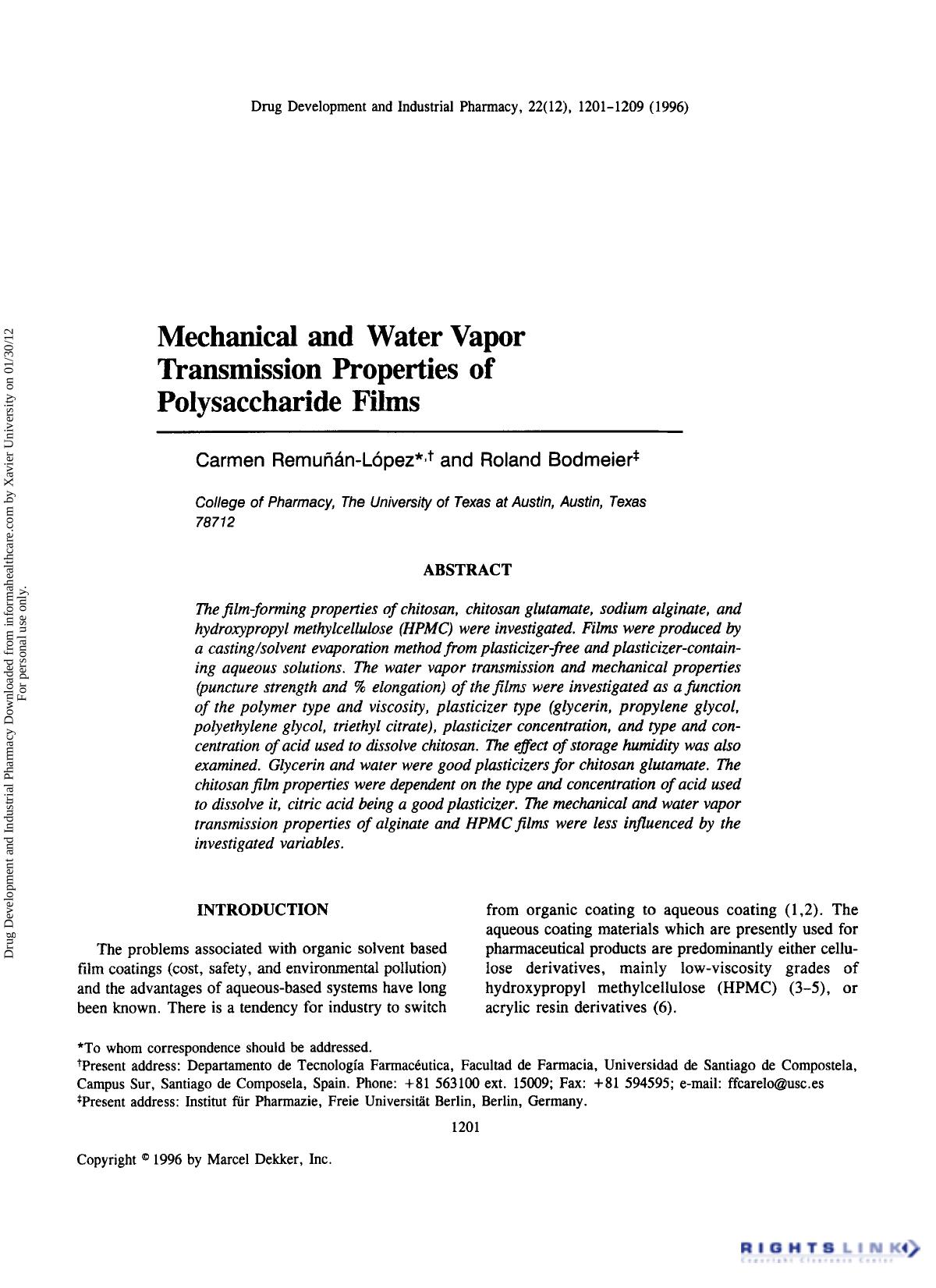Mechanical and Water Vapor Transmission Properties of Polysaccharide Films by Carmen Remuñán-lópez & Roland Bodmeier