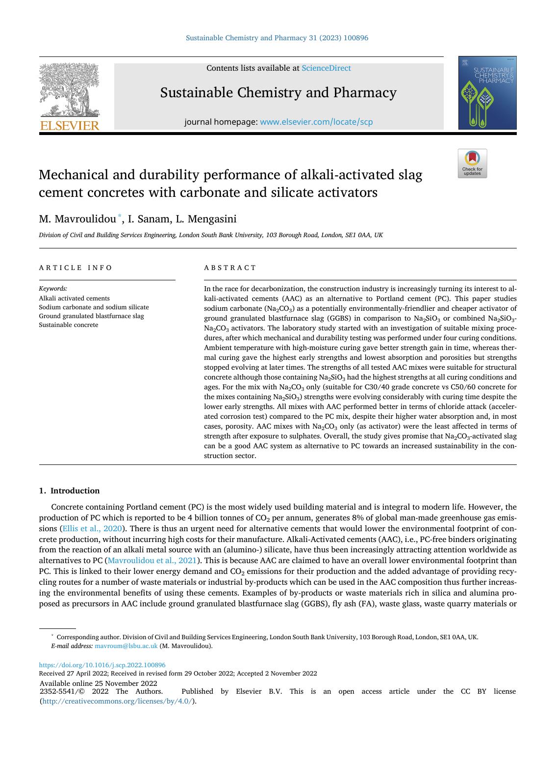 Mechanical and durability performance of alkali-activated slag cement concretes with carbonate and silicate activators by M. Mavroulidou & I. Sanam & L. Mengasini